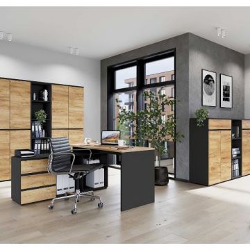 Kantoorset Osmond | Bureautafel, ladekast, middelgrote en grote archiefkasten en -schappen | Antraciet-eiken design