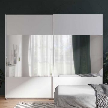 Kledingkast Soma 250cm met 2 schuifdeuren & spiegel - wit/beton