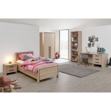 Kinderkamer Lavio: bed 90x200cm, nachtkastje, kleerkast, boekenkast, bureau - eikdecor