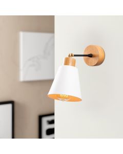 Noor Wandlamp | Metalen Lamp | Houten Lampvoet | 14 cm x 25 cm | Wit
