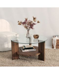 Elegante Walnut salontafel, gehard glas en massief hout
